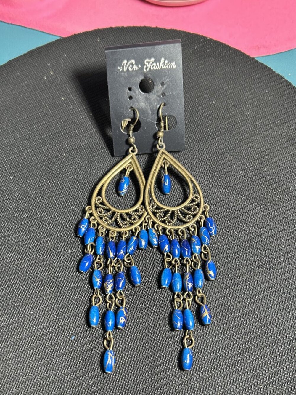 Antique Bronze Blue Faux Turquoise Beaded Chandelier Dangle Earrings New